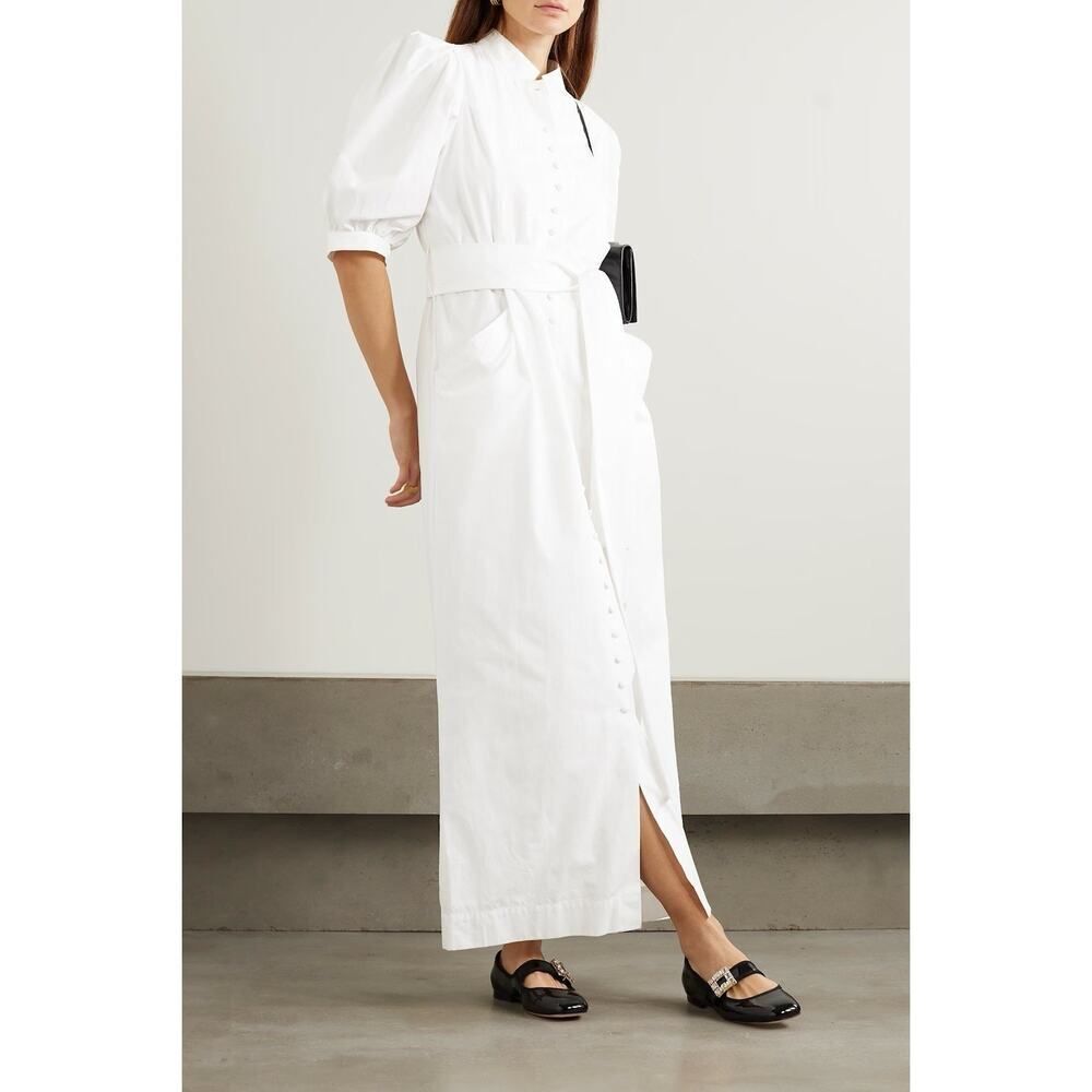 DESTREE Amaoko White Cotton Poplin Maxi Dress Puff Sleeve L EUC